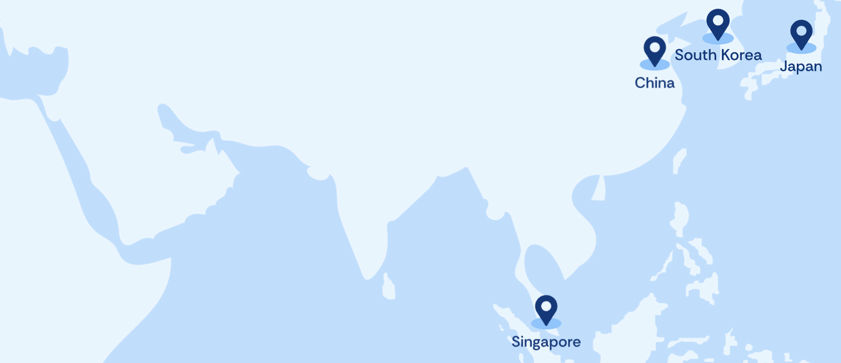 Map highlighting Bankware's presence in Asia, with pins on South Korea, China, Japan, and Singapore.